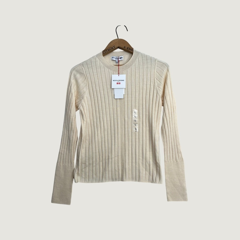 Uniqlo Ines de la Fressange 3D Knit Wide Ribbed Crew Neck Sweater Natural L NEW